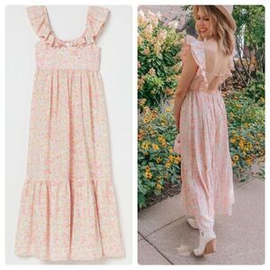 Long Floral Dress Open Back Linen Blend
